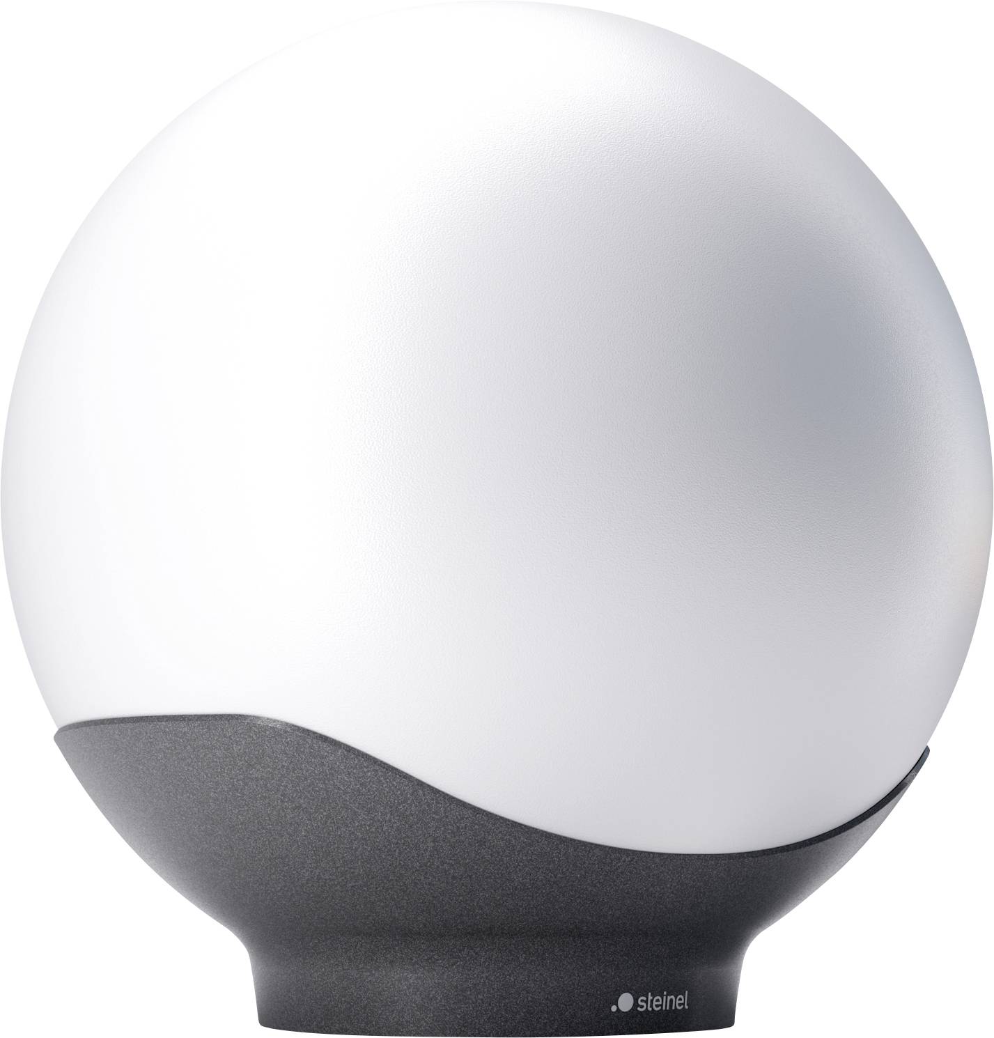 A modern outdoor wall light with a frosted white globe shade and dark curved base, shown against a plain background.