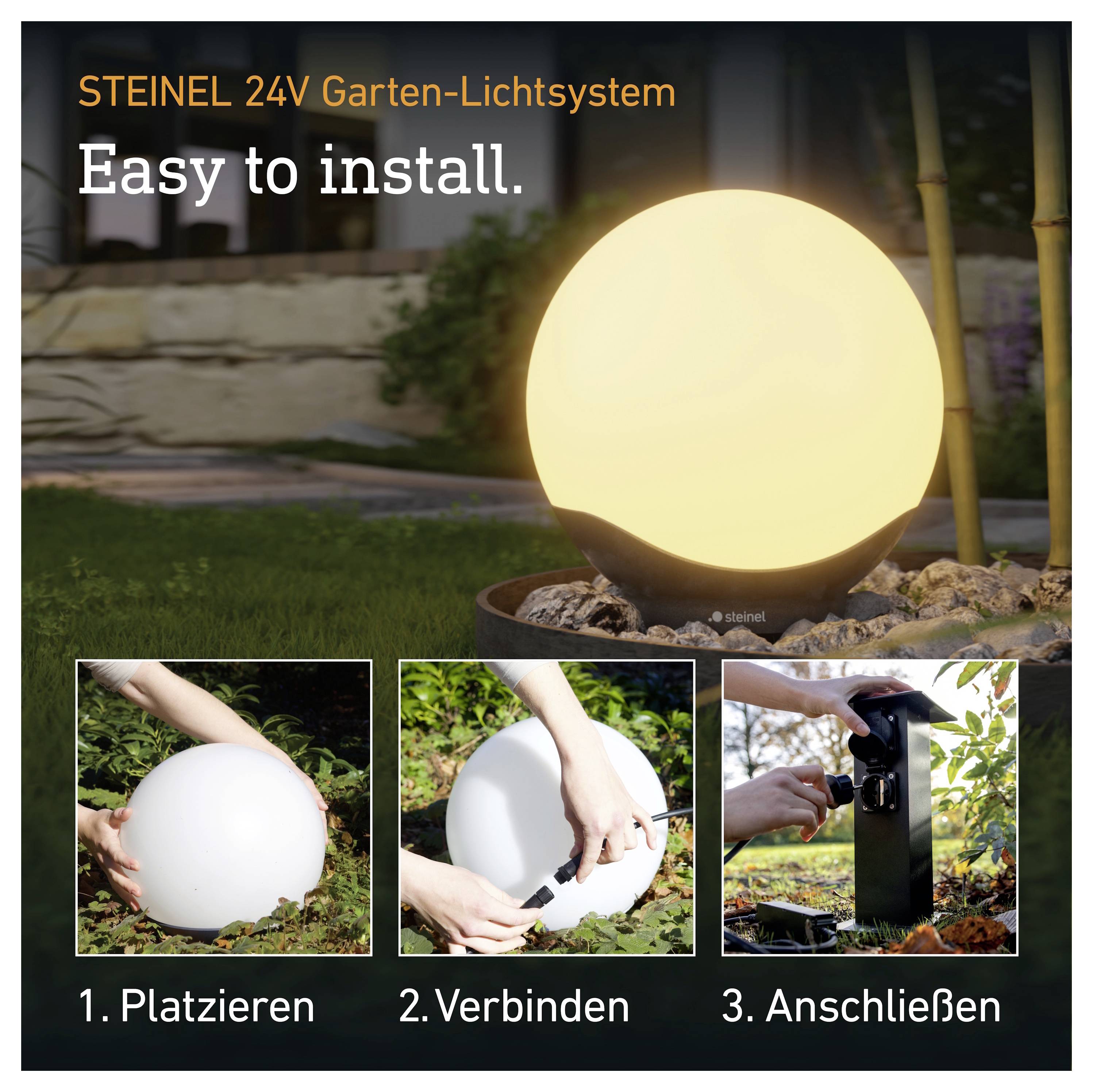 Advertisement for STEINEL 24V garden light system: glowing sphere lamp with 'Easy to install' and three setup steps—place, connect, and plug in.