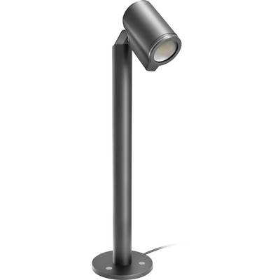 Black adjustable spotlight lamp on a round base, with a cylindrical light head angled downward on a tall stand.