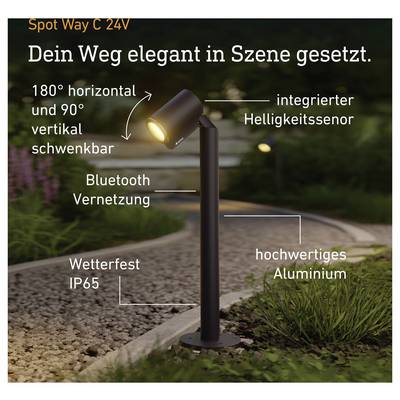 Spot Way C 24V garden path light with adjustable head; features integrated brightness sensor, Bluetooth connectivity, weatherproof IP65, and aluminum housing.<br>