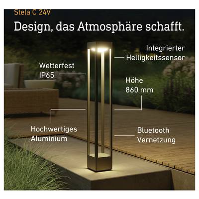 Stela C 24V outdoor lamp with integrated brightness sensor, IP65 weather resistance, aluminum construction, 860 mm height, and Bluetooth networking.