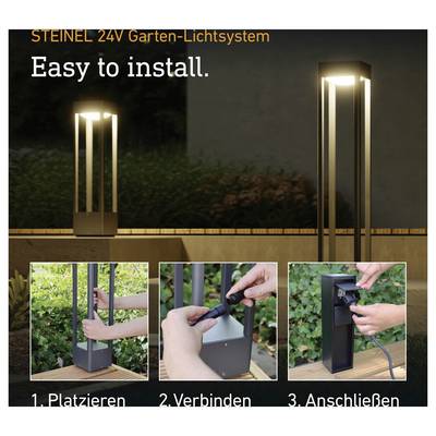 Advertisement for STEINEL 24V garden lighting system with the text 'Easy to install' and three steps: place, connect, and plug in.