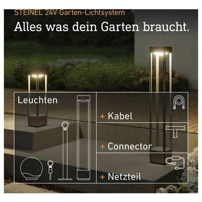 STEINEL 24V garden lighting system ad showing illuminated outdoor lamps and a diagram of components: lights, cable, connector, and power supply.