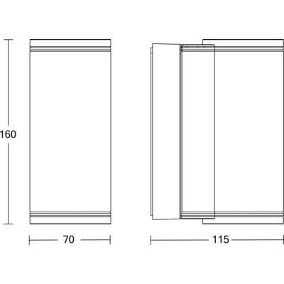 Technical drawing of a rectangular container shown front and side views, labeled 160 high, 70 wide, and 115 deep.
