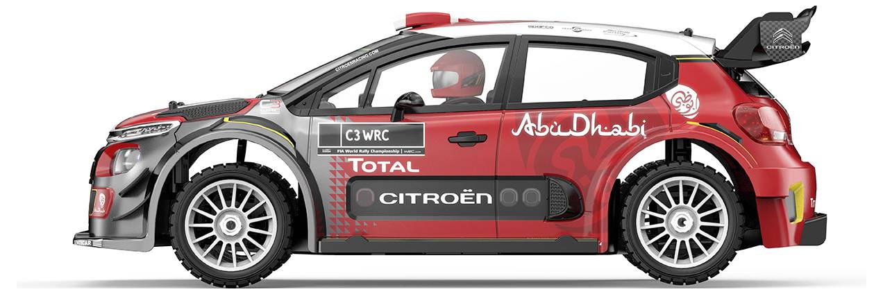 Side view of a Citroën C3 WRC rally car in red, black, and gray Abu Dhabi Total livery, with racing number 8 and large rear wing.