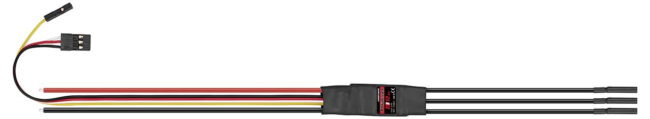Three-wire power cable with a black connector and inline module, extending to a three-prong output end.