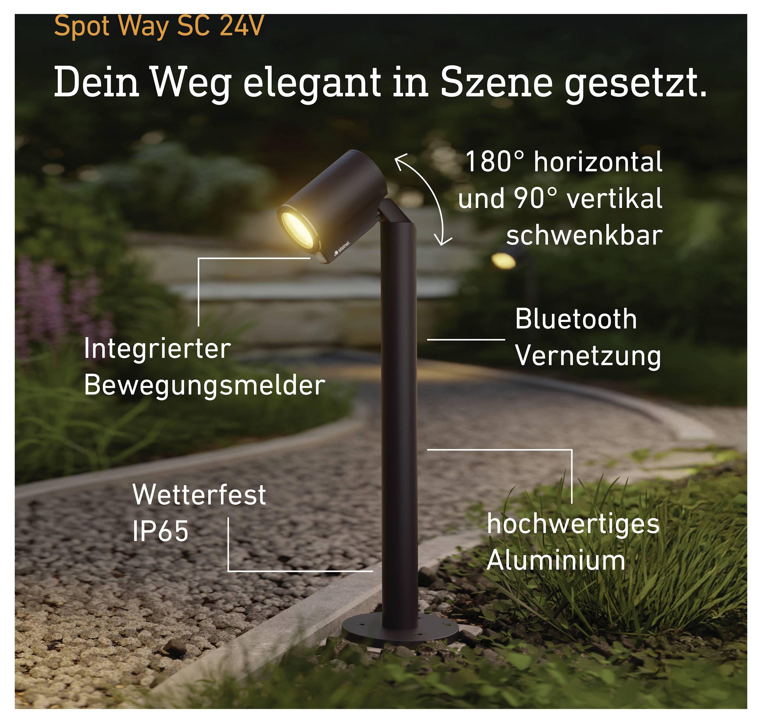 Outdoor black Spot Way SC 24V path light with adjustable head, motion sensor, Bluetooth, IP65 weather resistance, and aluminum construction.