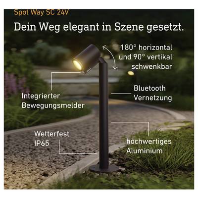 Outdoor black Spot Way SC 24V path light with adjustable head, motion sensor, Bluetooth, IP65 weather resistance, and aluminum construction.