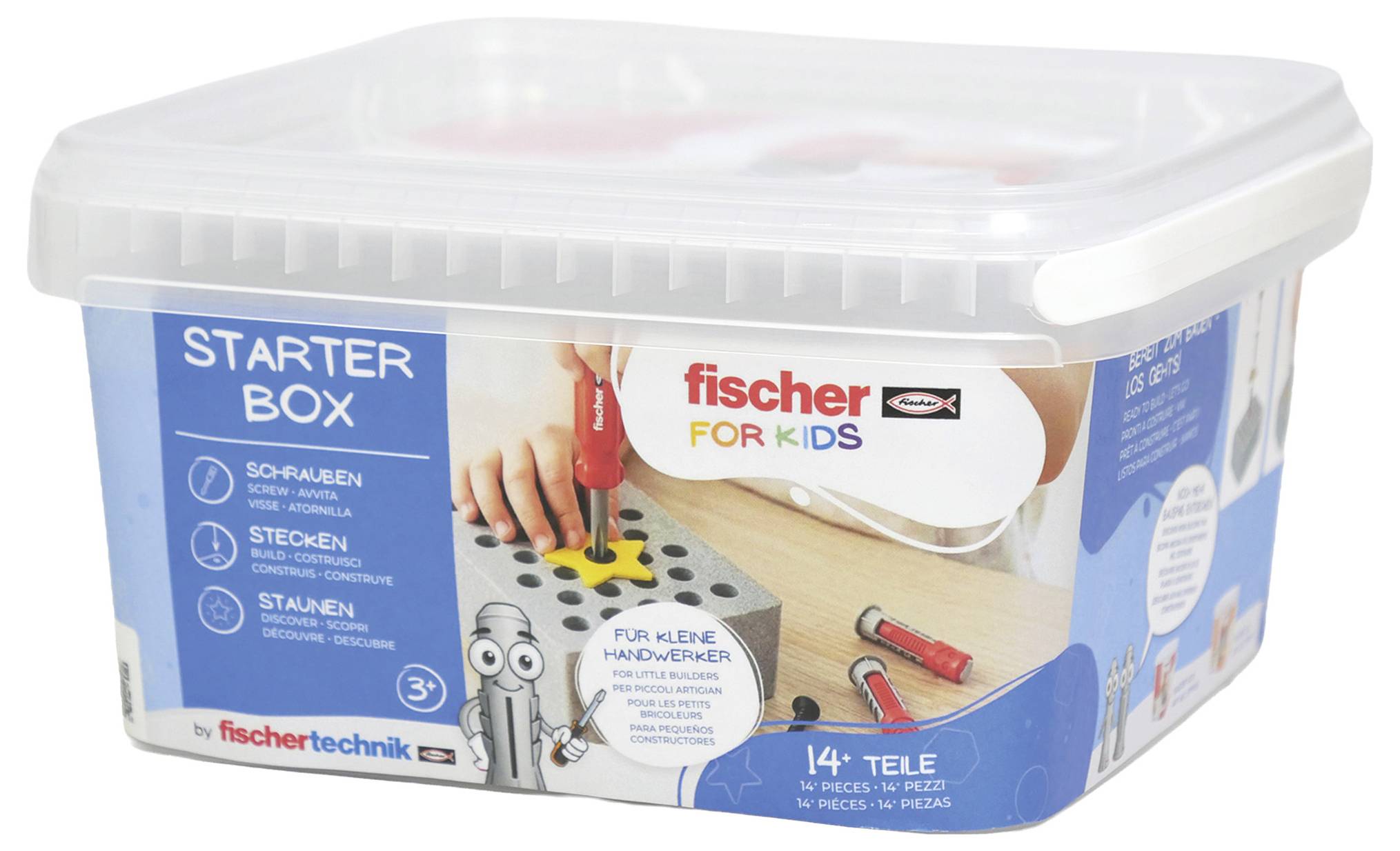 Plastic 'Starter Box' toy kit by fischer for kids, with screws, plugs, and tools for building projects, 14 pieces, age 3+