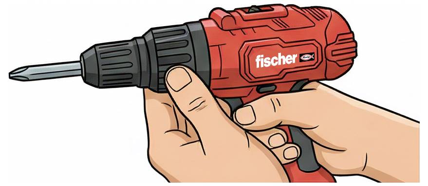 Hands holding a red Fischer electric screwdriver with a drill bit attached, ready for use.