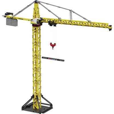Yellow tower crane model with a long horizontal boom, hanging hook, and base support against a white background.