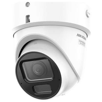 Close-up of a Hikvision dome security camera with a visible lens and infrared sensor.
