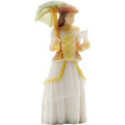 A small white figurine of a person in a long dress holding an umbrella overhead.