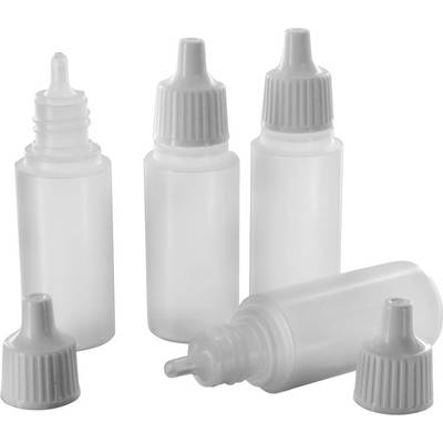 Five small translucent plastic squeeze bottles with gray twist caps and no labels, one lying on its side.