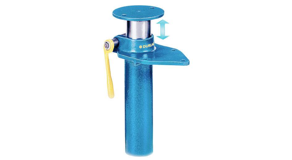 Blue adjustable pipe support clamp with a yellow locking lever and up-down arrow indicator, shown on a white background.