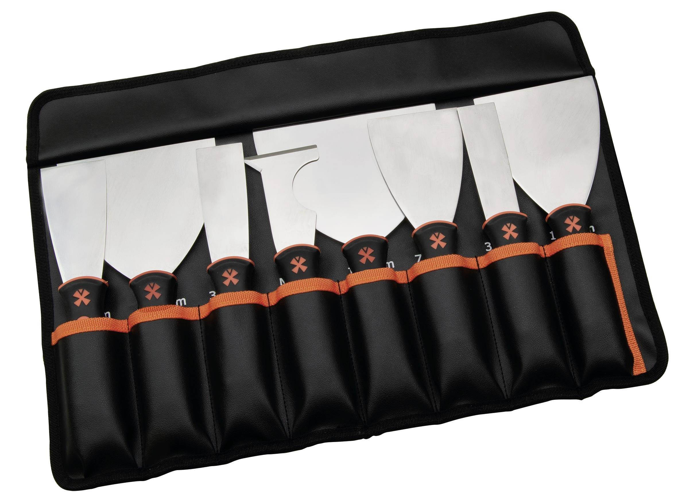 Roll-up tool pouch with six metal scraper blades in black holder with orange trim<br>
