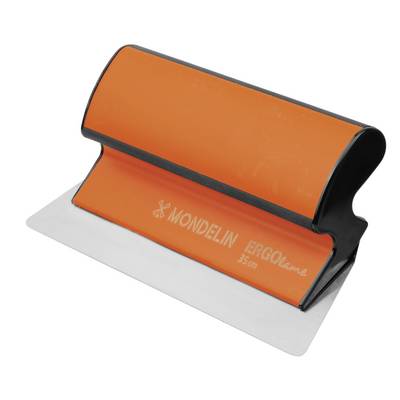 Orange and black flooring trowel with a flat metal blade, shown on a white background<br>