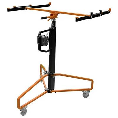 Portable orange and black overhead lifting stand with wheeled base and adjustable horizontal support arms.
