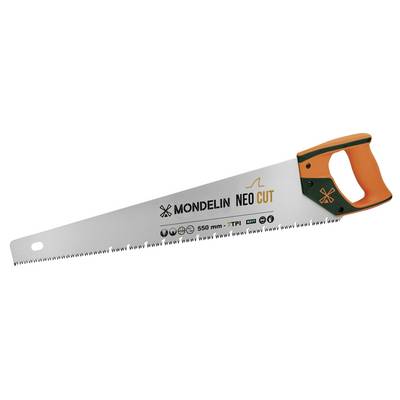 Mondelein NEO CUT hand saw with orange handle and 550 mm blade, shown on a white background.