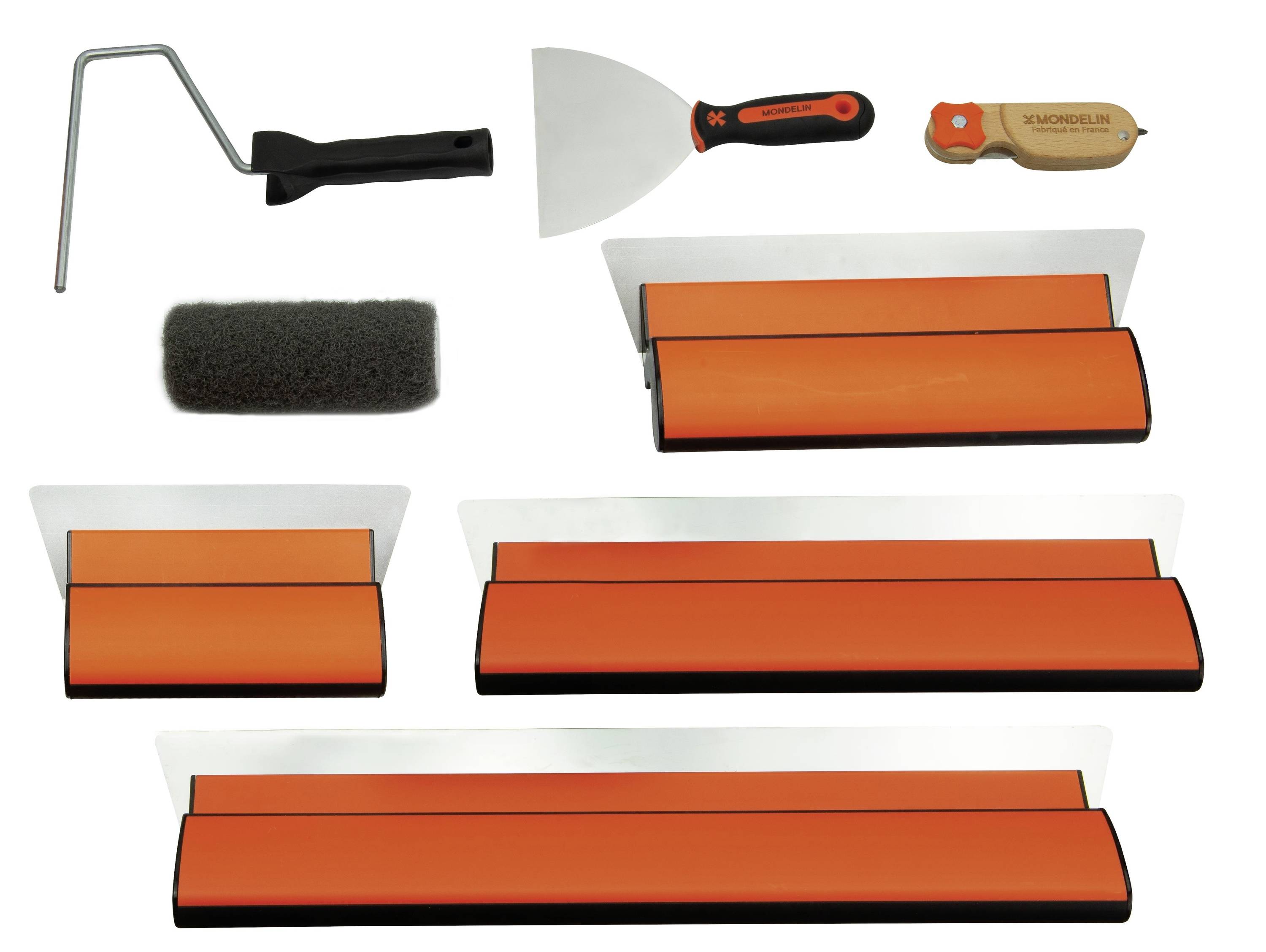 Set of orange and silver drywall finishing tools, including trowels, a handle, a sponge, and a blade applicator, on a white background.