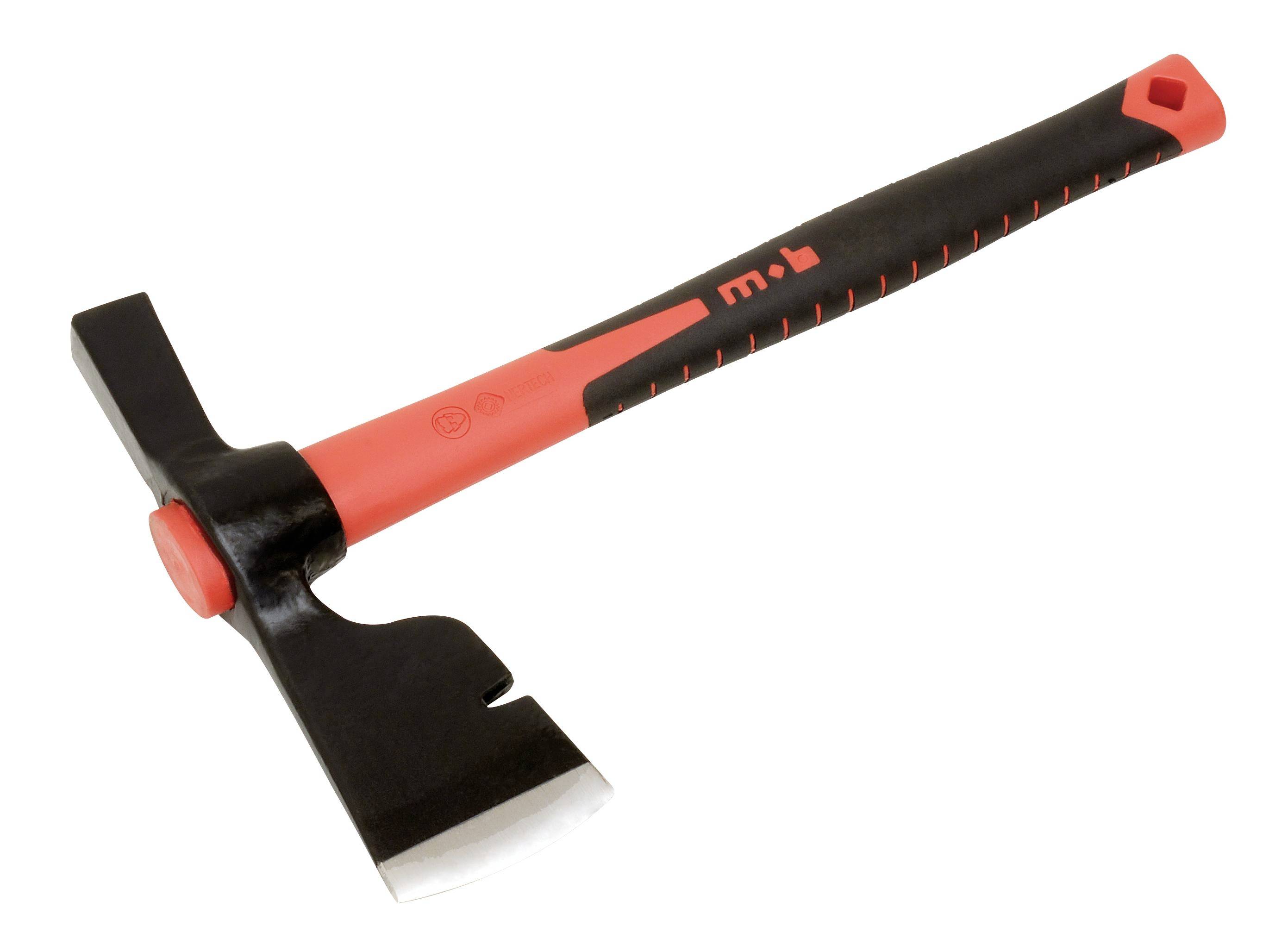Black-and-red masonry hammer with a flat chisel blade and long handle on a white background.