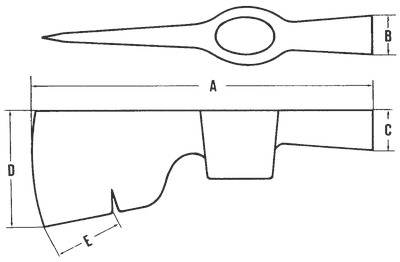 Technical diagram of a cutting tool with labeled dimensions A, B, C, D, and E showing overall length, height, and blade measurements.