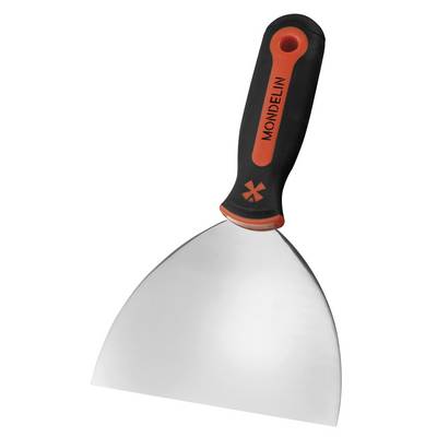 A wide metal putty knife with a black-and-orange Mondelin handle on a white background.