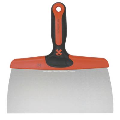 Red-and-black wide putty knife or scraper with a 24 cm metal blade and hanging hole in the handle.