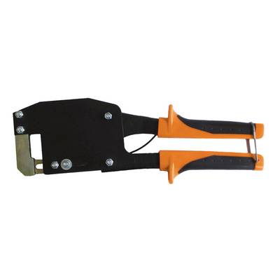 Handheld black-and-orange cable cutter with two long handles and a metal cutting head, shown on a white background.