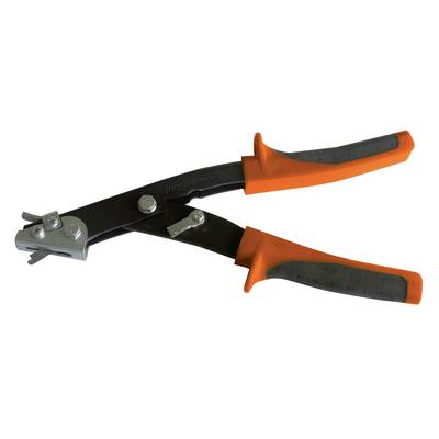 A pair of black-and-orange metal hand shears with rubber grips, shown on a white background.<br>