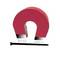 Red horseshoe magnet with black base and white feet on a plain background.