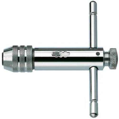 Chrome adjustable tap wrench with T-handle for turning threaded taps in metalworking.