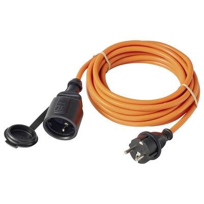 Orange extension cord with black plug and covered socket end, coiled on a white background.