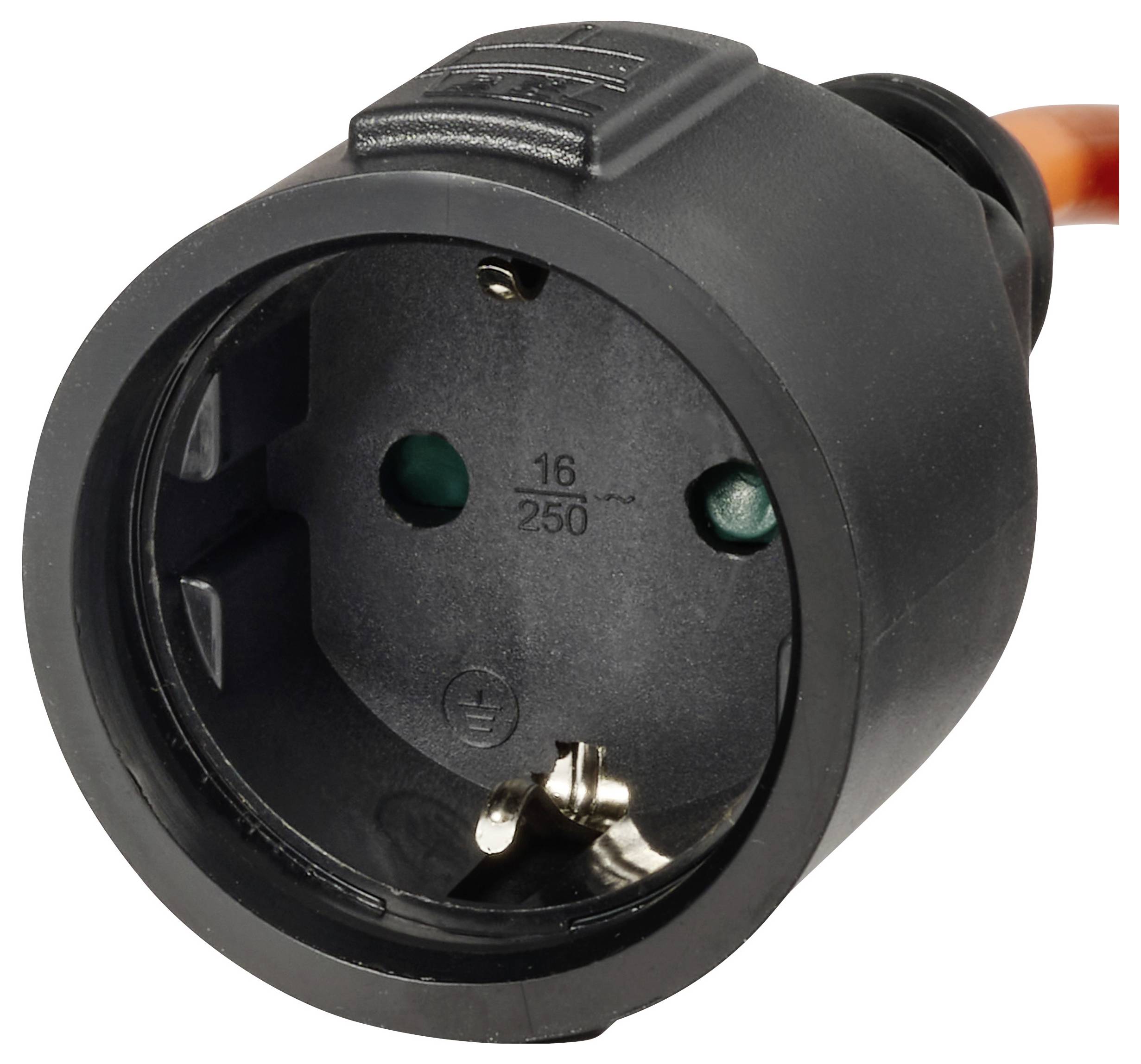 Black grounded electrical socket adapter with orange cable attached, shown in close-up on a white background.
