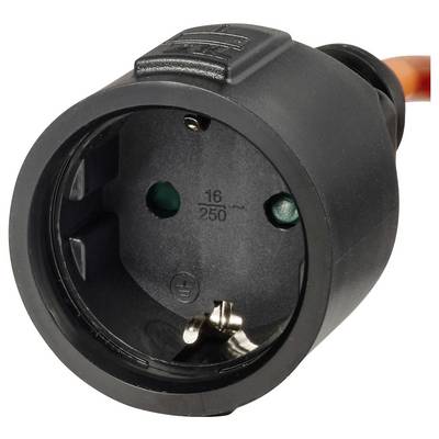Black grounded electrical socket adapter with orange cable attached, shown in close-up on a white background.