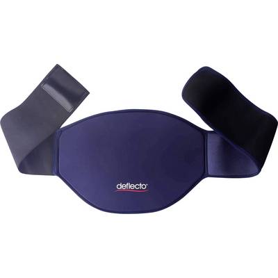 Dark blue Deflecto belt-style lumbar support with adjustable side straps and Velcro closures on a white background.