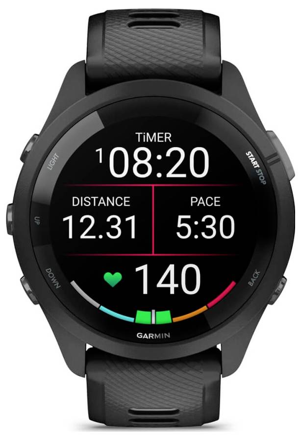 Garmin smartwatch displaying workout stats: timer 08:20, distance 12.31, pace 5:30, and heart rate 140.