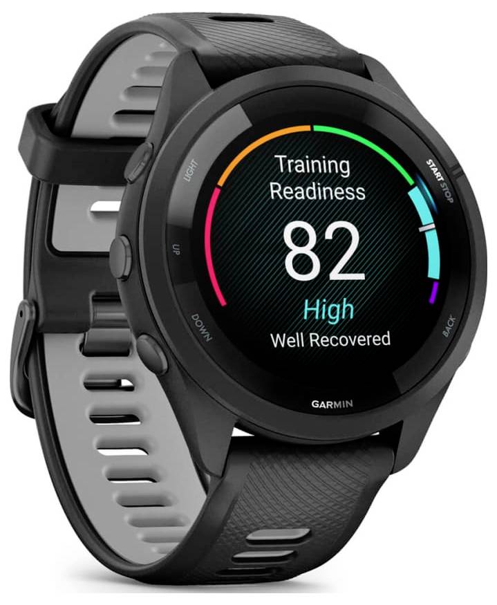 Garmin smartwatch displaying 'Training Readiness' 82, labeled 'High' and 'Well Recovered,' on a black sport band.