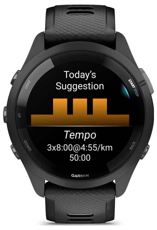 Garmin smartwatch displaying Today's Suggestion workout: Tempo, 3x8:00@4:55/km, total 50:00, with orange interval bars on the screen.