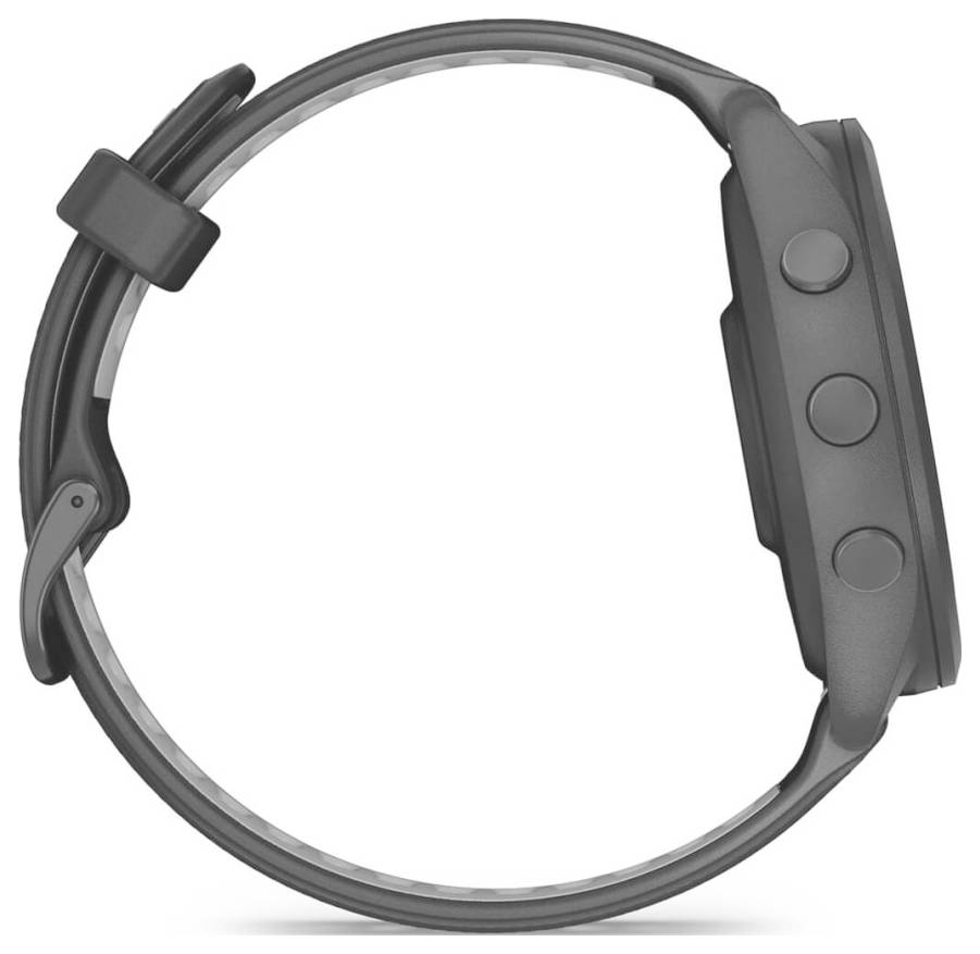 Gray smartwatch band shown isolated on a white background, with a buckle clasp and three side buttons on the watch case.<br>