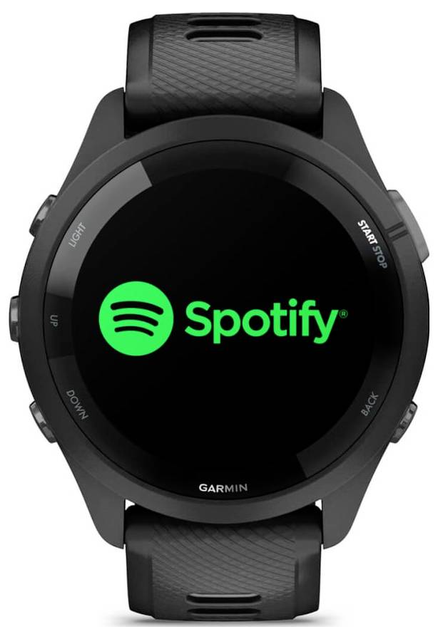 Garmin smartwatch displaying the Spotify app logo and name on the screen, with side buttons and black band.