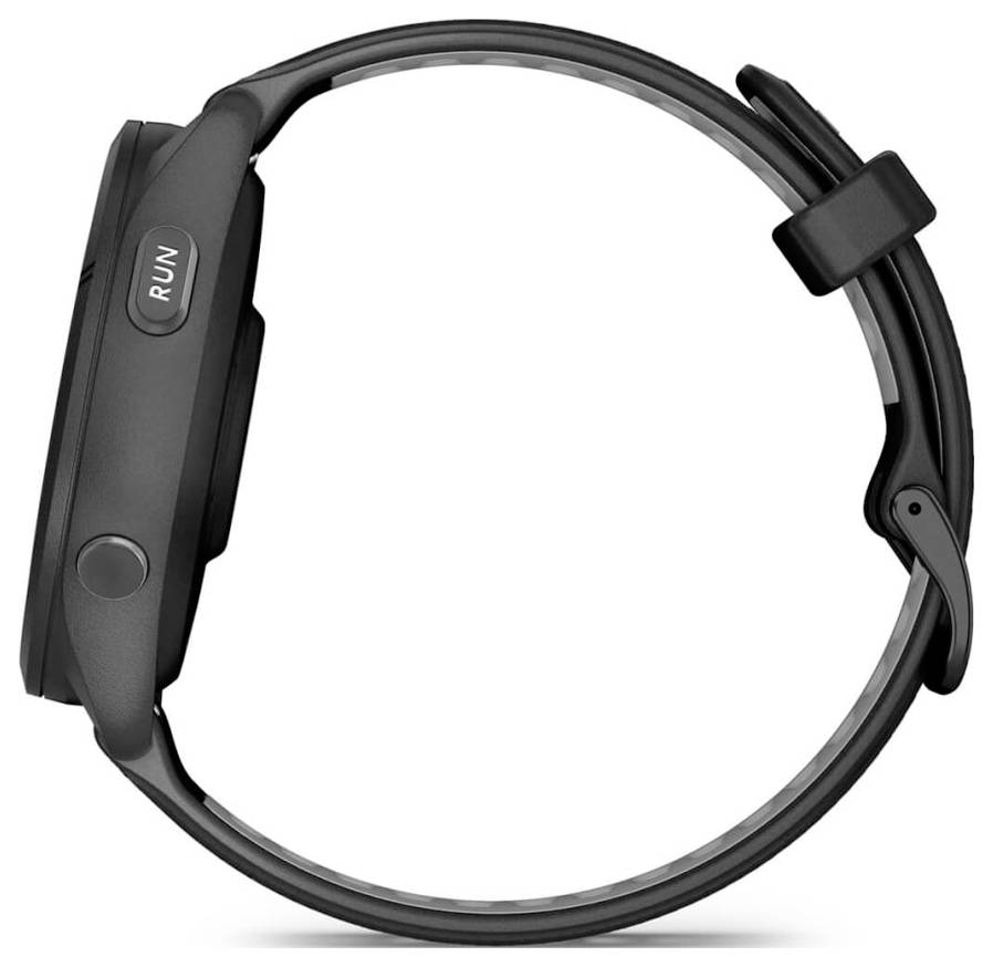 Black fitness tracker or smartwatch shown in side view with a round band and a visible 'RUN' button.<br>
