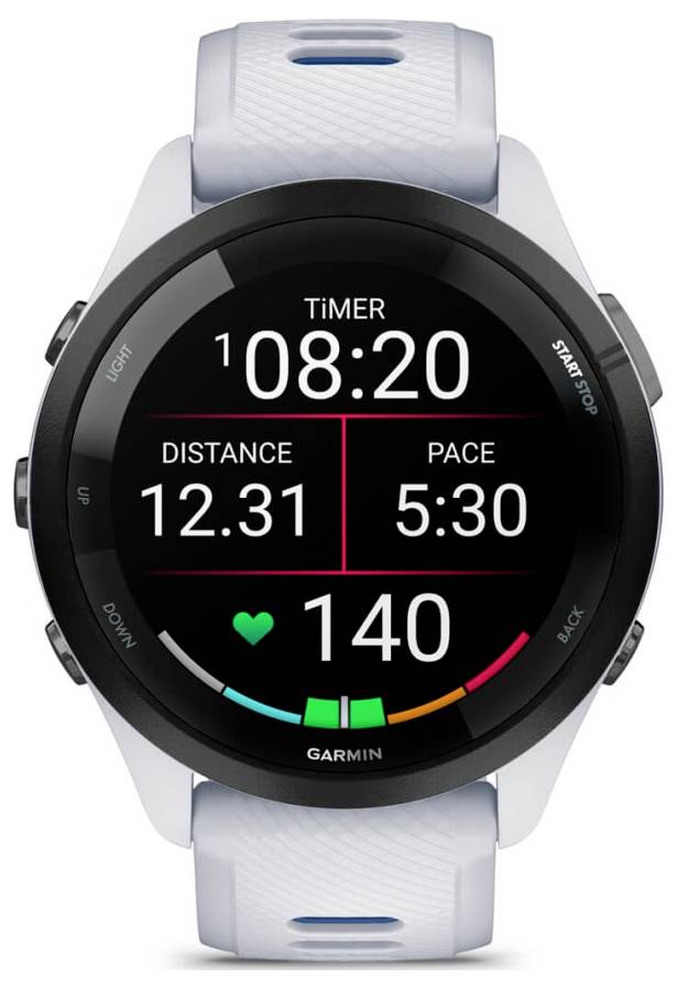 Garmin sports watch display showing timer 08:20, distance 12.31, pace 5:30, heart rate 140, and colored activity zones.