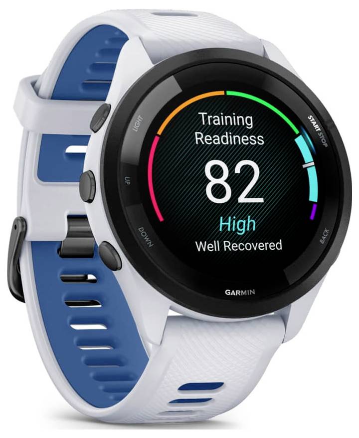 Garmin smartwatch with a white-and-blue band displaying 'Training Readiness 82' and status 'High, Well Recovered'.<br>