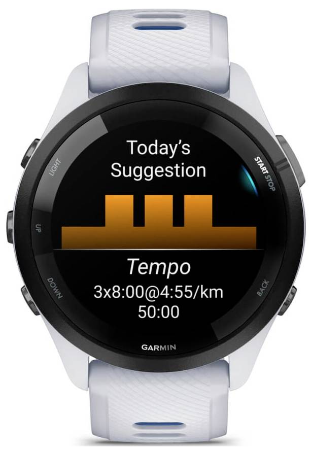 Garmin watch screen showing 'Today's Suggestion' workout: Tempo, 3x8:00 at 4:55/km, total 50:00.