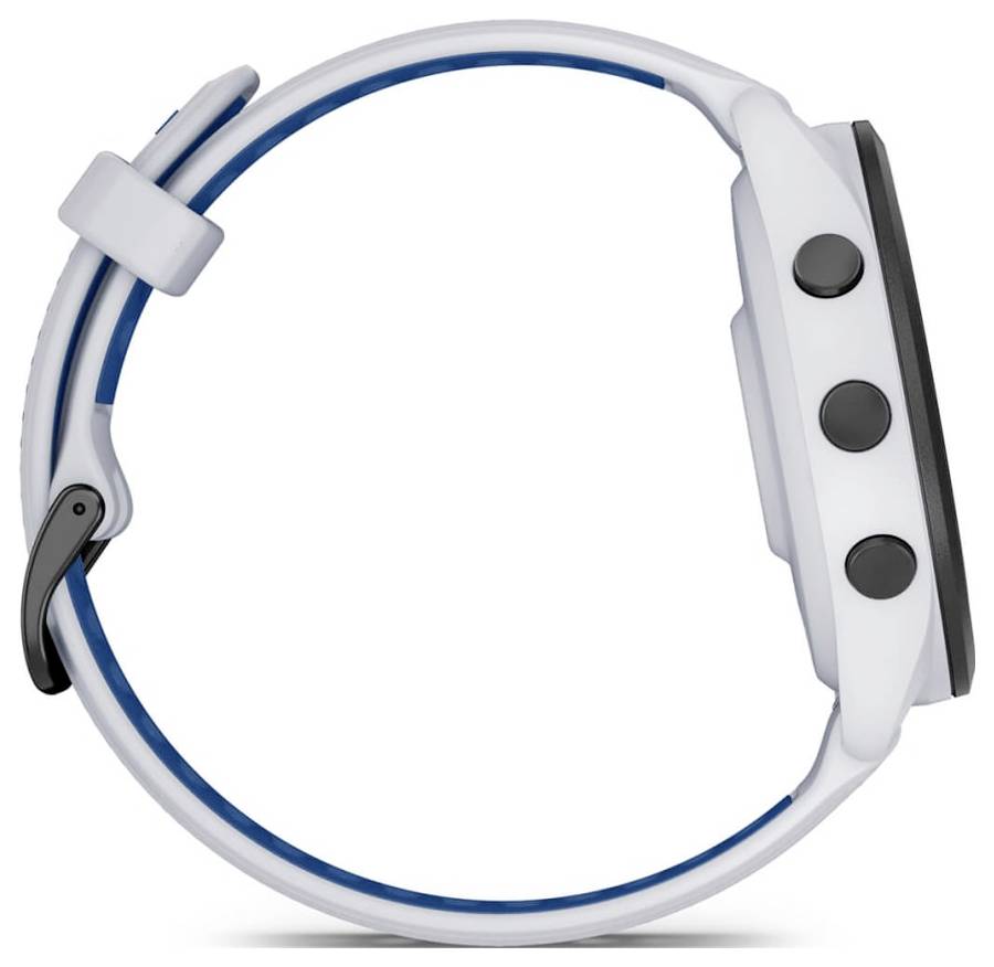White smartwatch shown in side view with a blue-trimmed band, black clasp, and three round side buttons on the case.
