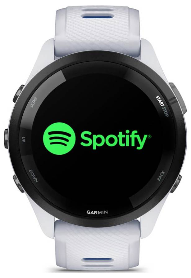 Garmin smartwatch displaying the Spotify app logo on a black screen, with physical side buttons and a light-colored band<br>