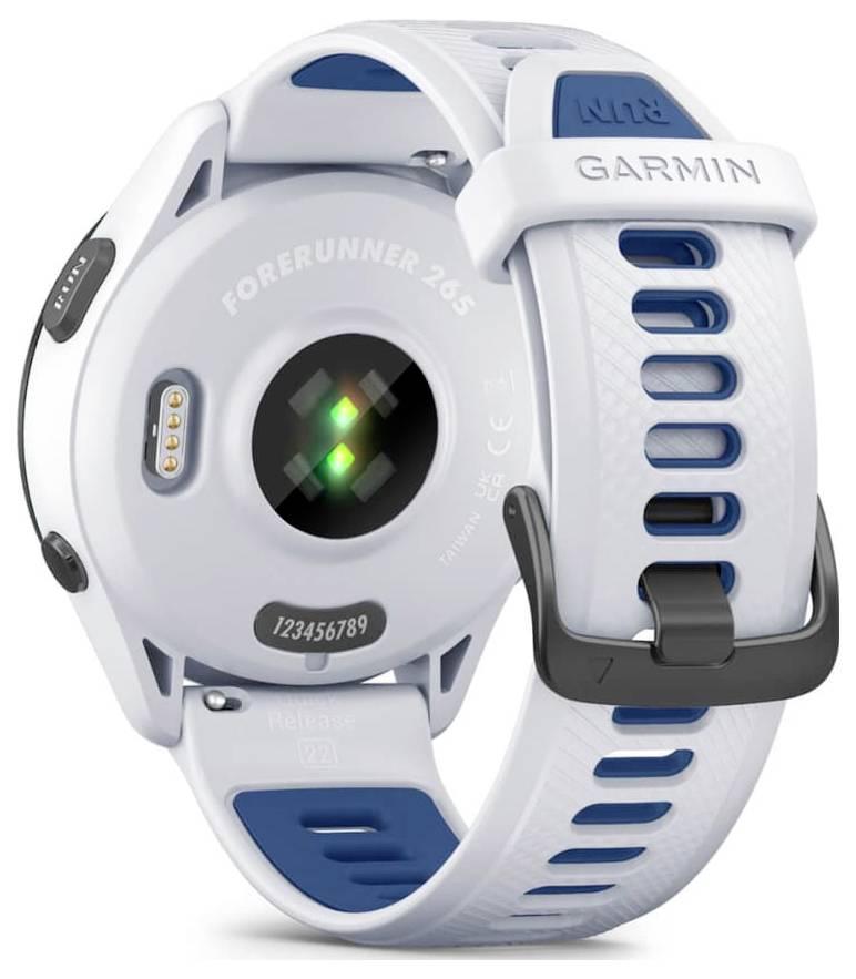White Garmin Forerunner 265 GPS running watch shown from the back, with heart rate sensor and vented white-and-blue strap.