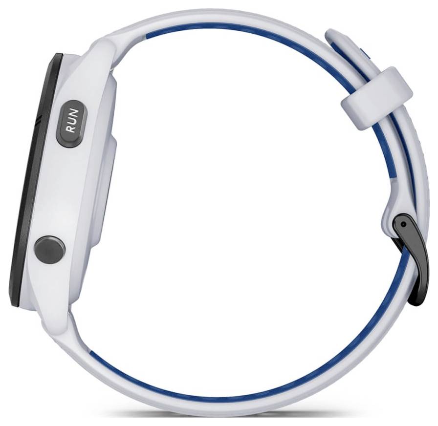 White sports smartwatch with a round blue-accented band, side buttons labeled 'RUN' and a single round button.