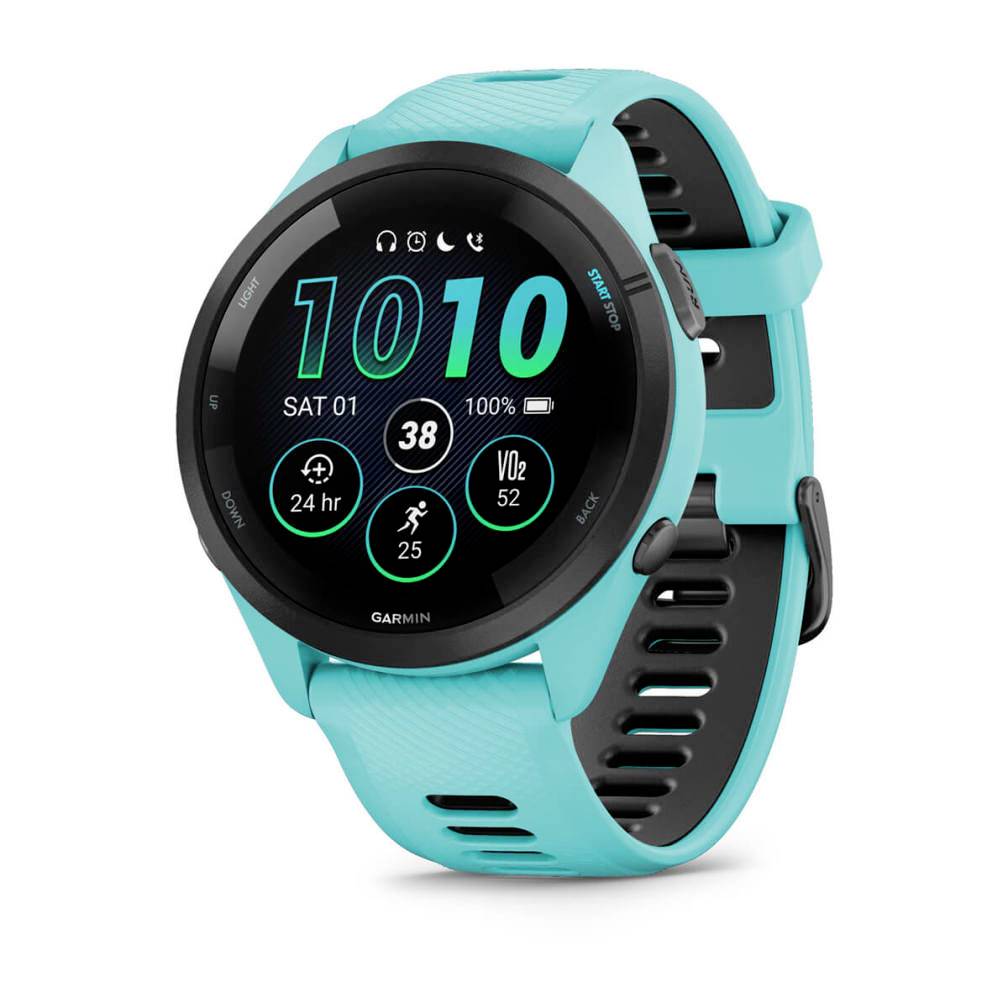 Turquoise Garmin smartwatch with a black round face showing 10:10, date 'SAT 01', and fitness stats on a white background.